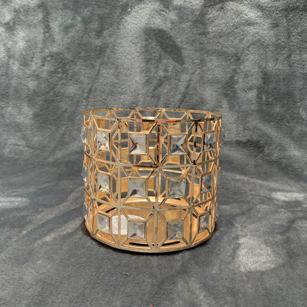 Bath & Body Works Candle Holder Sleeve Gold Geometric Crystal 3-Wick 14.5oz EUC